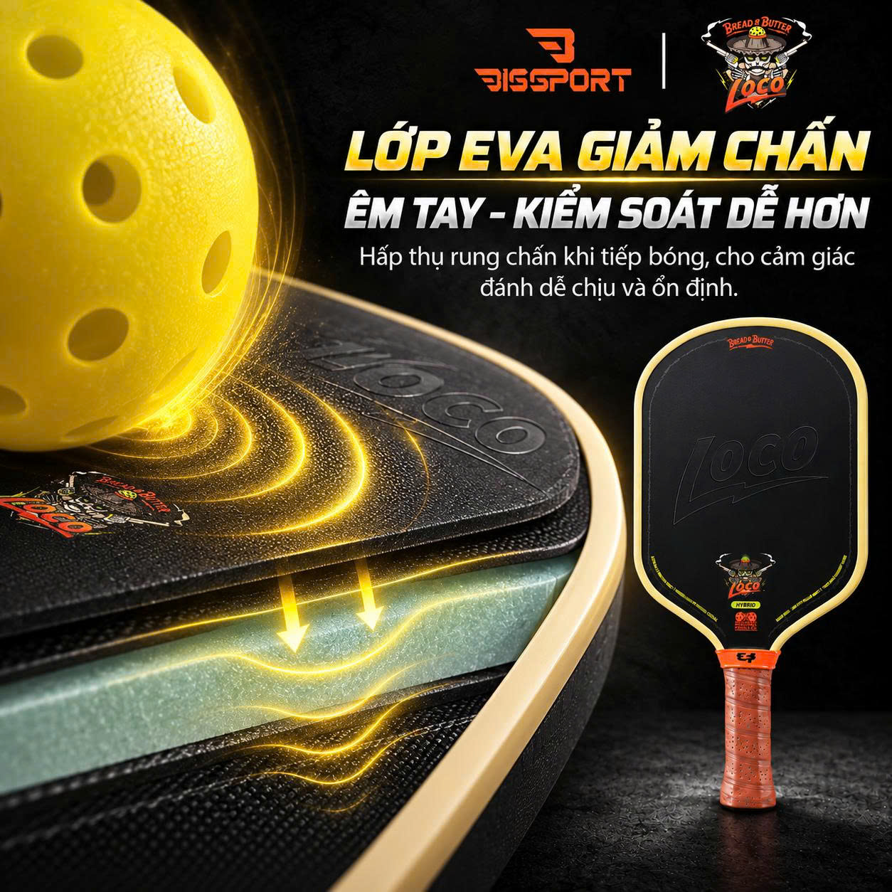 Vợt Pickleball LOCO Hybrid Chính Hãng - Màu Đen - 16mm - Bền Chắc - Siêu Nhám - Bám Bóng - Toàn Diện - Ổn Định